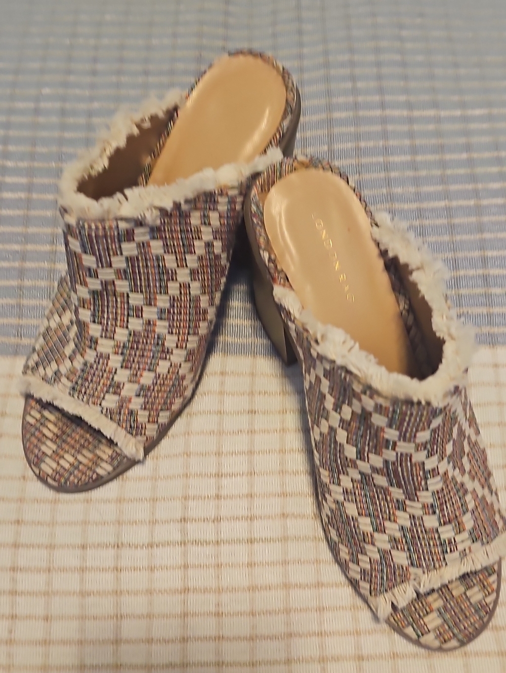 Textured Woven Peep-Toe Mule with Cream Shearling Trim